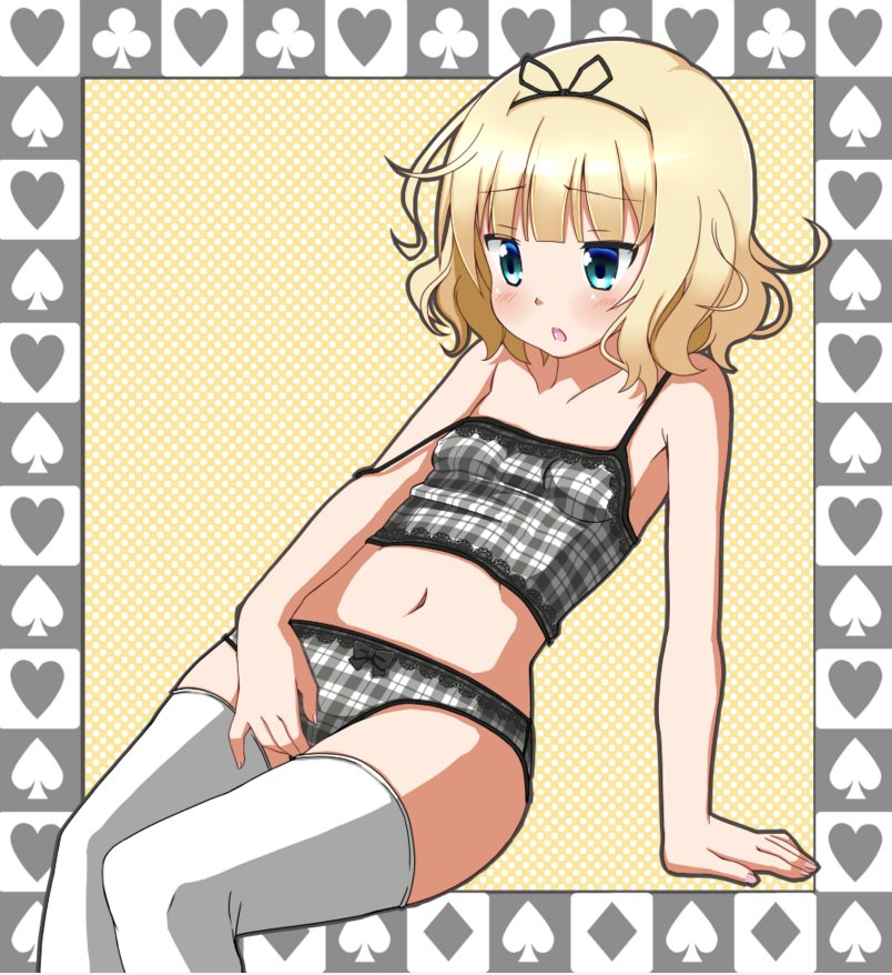 arm_support blonde_hair blue_eyes camisole clothed_masturbation clothing female fingering gochuumon_wa_usagi_desu_ka? kirima_sharo leaning_back masturbation masturbation_through_clothing open_mouth panties ribbon short_hair sitting solo stockings strap_slip thighhighs underwear underwear_only white_legwear