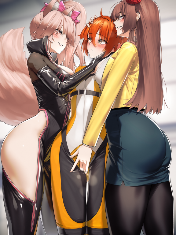 3girls ahoge animal_ear_fluff animal_ears ass black_bodysuit black_pantyhose blush bodysuit bow breasts brown_hair fate/grand_order fate_(series) fingering flower fox_ears fox_girl fox_tail fujimaru_ritsuka_(female) fujimaru_ritsuka_(female)_(chaldea_combat_uniform) grey_eyes grey_skirt grin hair_between_eyes hair_flower hair_ornament hairbow hip_vent jacket koyanskaya_(assassin)_(first_ascension)_(fate) koyanskaya_(fate) large_breasts long_hair long_sleeves mata_hari_(fate) medium_breasts multiple_girls orange_bodysuit orange_eyes orange_hair pantyhose pencil_skirt pink_bow pink_hair ponytail pussy_juice shirt short_hair sidelocks skirt smile tail tamamo_(fate) tamamoice thighs white_shirt yellow_eyes yellow_jacket yuri