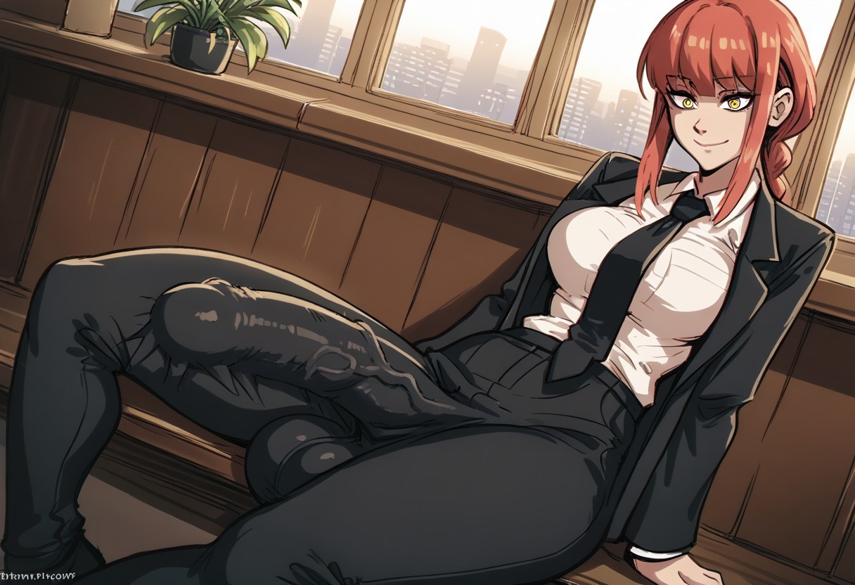 ai generated, balls, big balls, big breasts, big penis, breasts, bulge, bulge down leg, bulge through clothing, chainsaw man, futa only, futanari, gvukub, huge cock, intersex, makima (chainsaw man), penis, solo, solo futa
