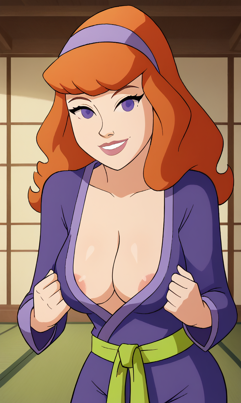 ai_generated areola_slip ass bigmic145 breasts cartoon_network cleavage daphne_blake daphne_blake_(mystery_incorporated) dougi karate martial_arts red_hair scooby-doo scooby-doo!_mystery_incorporated stripping tease