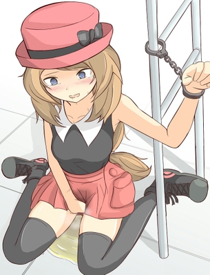 blonde hair, blue eyes, blush, bottomwear, clothed, clothed female, female, female focus, female only, handcuffs, hat, human, human only, humiliated, legwear, long hair, peeing, peeing self, pokemon, restrained, serena (pokemon), shirt, shoes, sitting, sitting in urine, sitting on lap, sitting pee, skirt, sleeveless, sleeveless shirt, solo, solo female, solo focus, stockings, topwear, urinating, urinating female, urination, urine, urine pool, very long hair