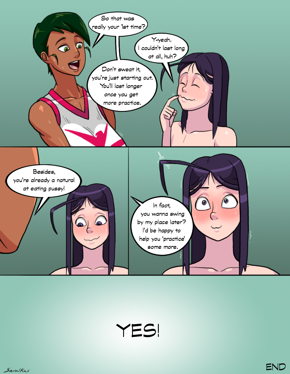 2girls blush cheerleader cleavage comic dickgirl ellie_(savalkas) female futa_with_female futanari intersex layla_(savalkas) savalkas speech_bubble text