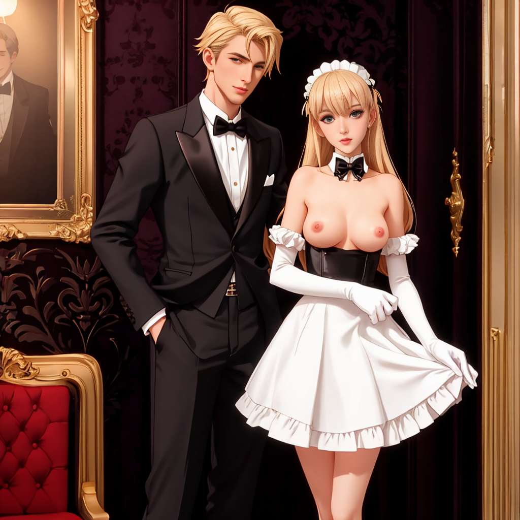 1boy1girl ai_generated beautiful blonde_female blonde_hair dominant_male exposed_breasts flashing flashing_breasts french_maid light-skinned_female light_skin maid maid_uniform master nhumanfuture original original_character perfect_body perfect_boobs submissive_female topless topless_female tuxedo