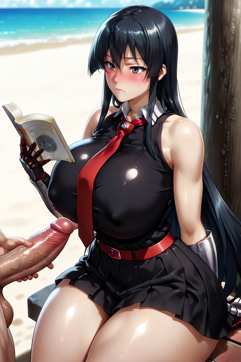 1boy 1boy1girl 1girls ai_generated akame_(akame_ga_kill!) akame_ga_kill! balls beach big_breasts big_butt big_penis black_dress black_hair black_skirt book breasts cfnm clouds day daytime doggy_style erect_penis erection female foreskin long_hair male male/female muscular muscular_male open_book penis red_eyes red_iris red_tie sand shiny_skin skirt sky sucking thick_thighs tie ul7990 vaginal_penetration