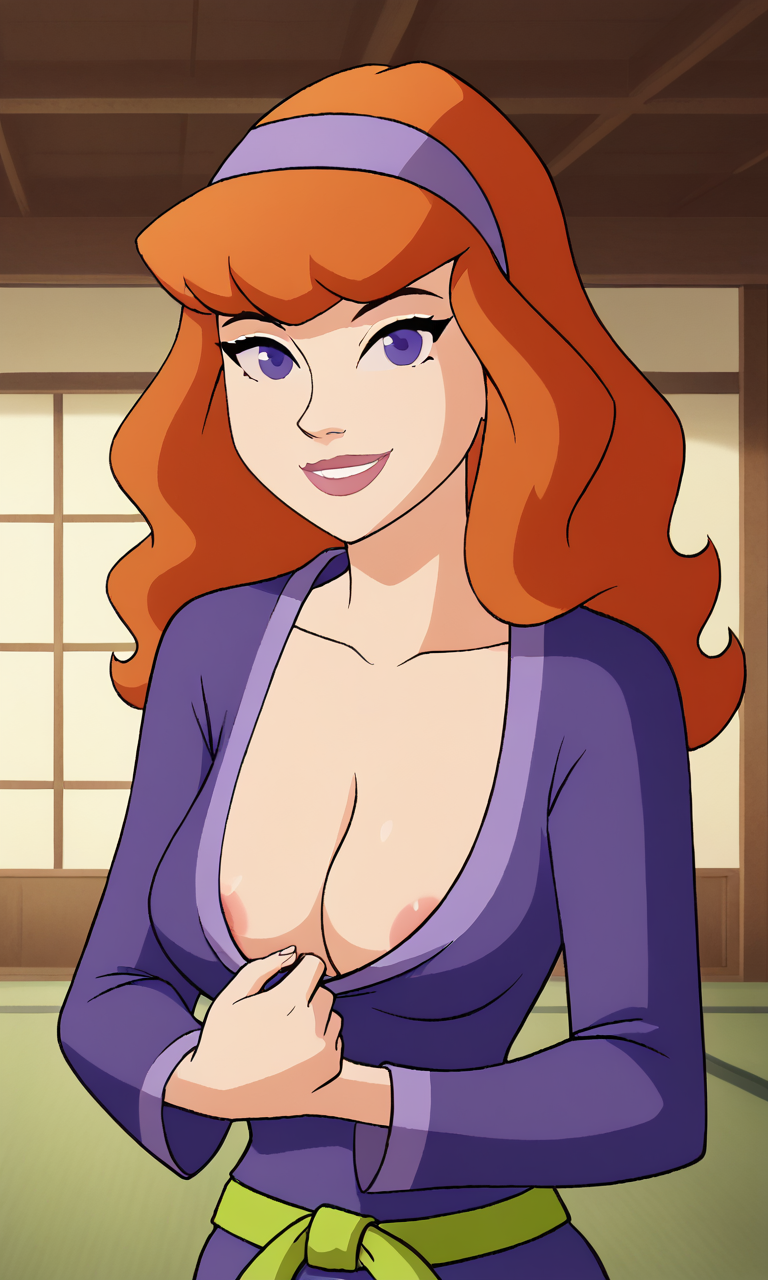 ai_generated areola_slip ass bigmic145 breasts cartoon_network cleavage daphne_blake daphne_blake_(mystery_incorporated) dougi karate martial_arts red_hair scooby-doo scooby-doo!_mystery_incorporated stripping tease