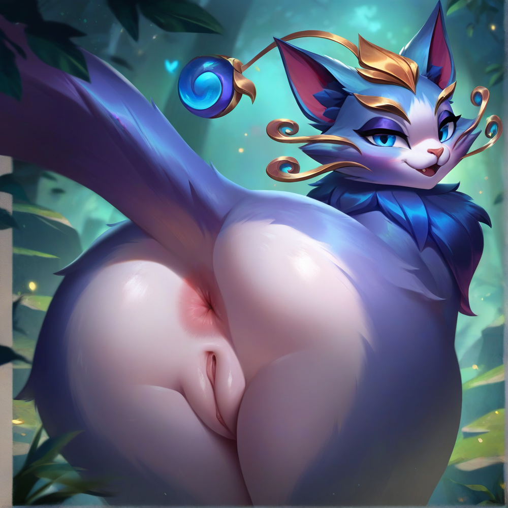 ai_generated anus_focus ass beastiality feline league_of_legends looking_at_viewer pussy yuumi_(lol)