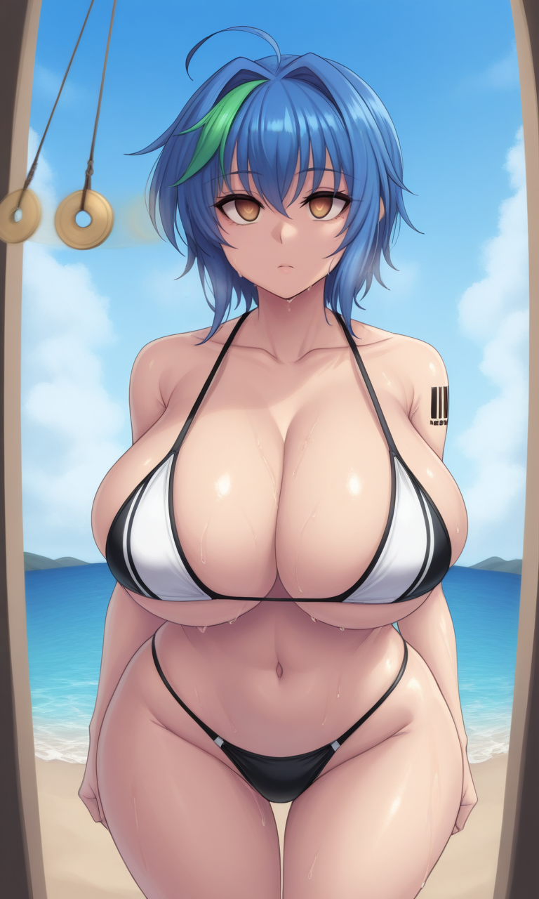 ahoge ai_generated barcode barcode_tattoo beach beach_background big_breasts black_bikini blue_hair brainwashed brown_eyes green_hair green_tuft high_school_dxd huge_breasts hypnosis large_breasts mind_control pendulum pixai tagme thick_thighs two-tone_bikini two-tone_hair two_tone_hair white_bikini wide_hips xenovia_quarta