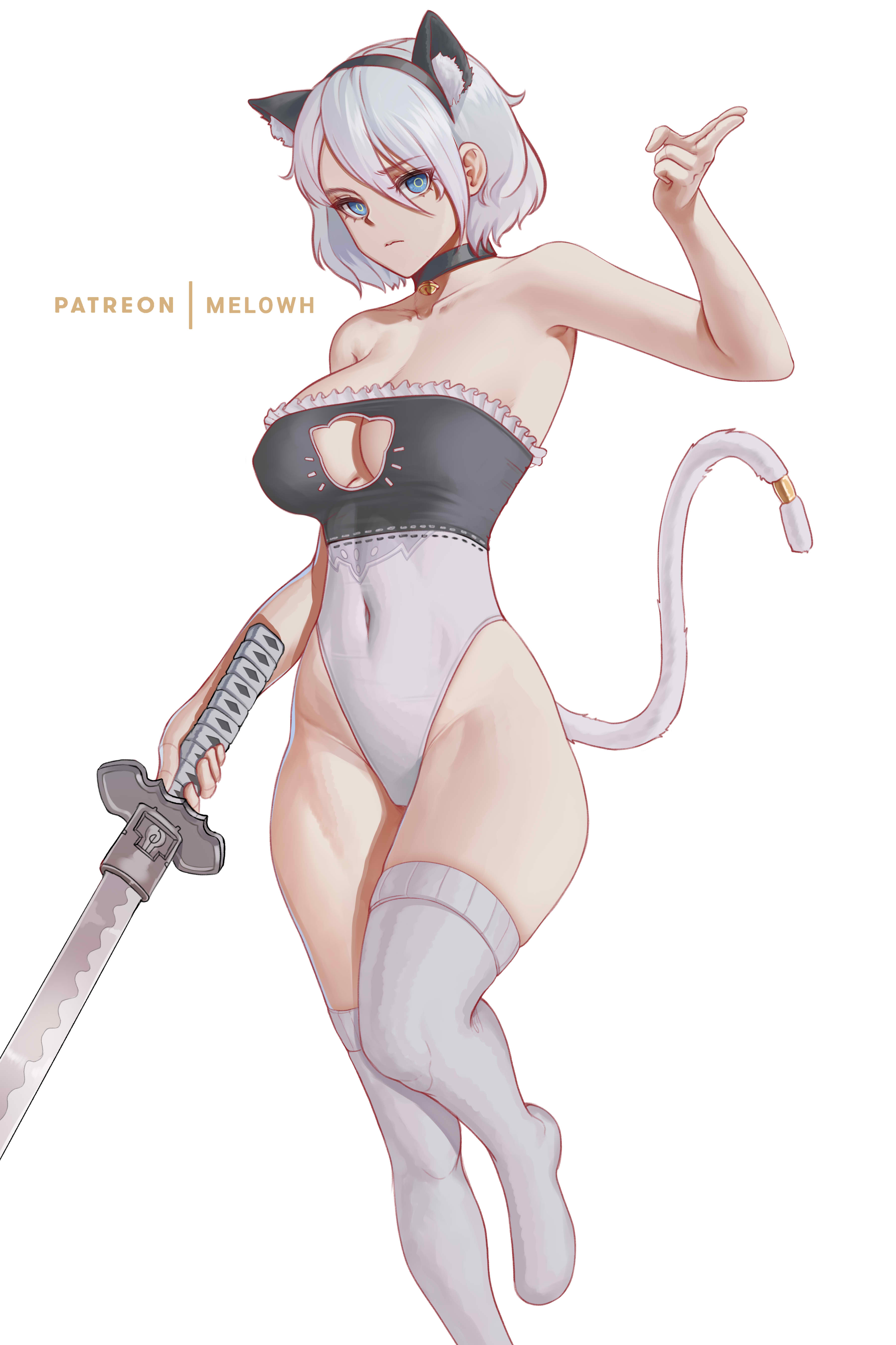 1girls, ass, big breasts, blue eyes, breasts, cat ears, cat girl, cat tail, catgirl, choker, female, female only, hi res, high quality, high resolution, highres, huge ass, huge breasts, legwear, melowh, nier, nier (series), nier: automata, no shoes, panties, partially clothed, patreon username, solo female, sword, thick thighs, thighhighs, thighs, topwear, white background, white hair, yorha 2b
