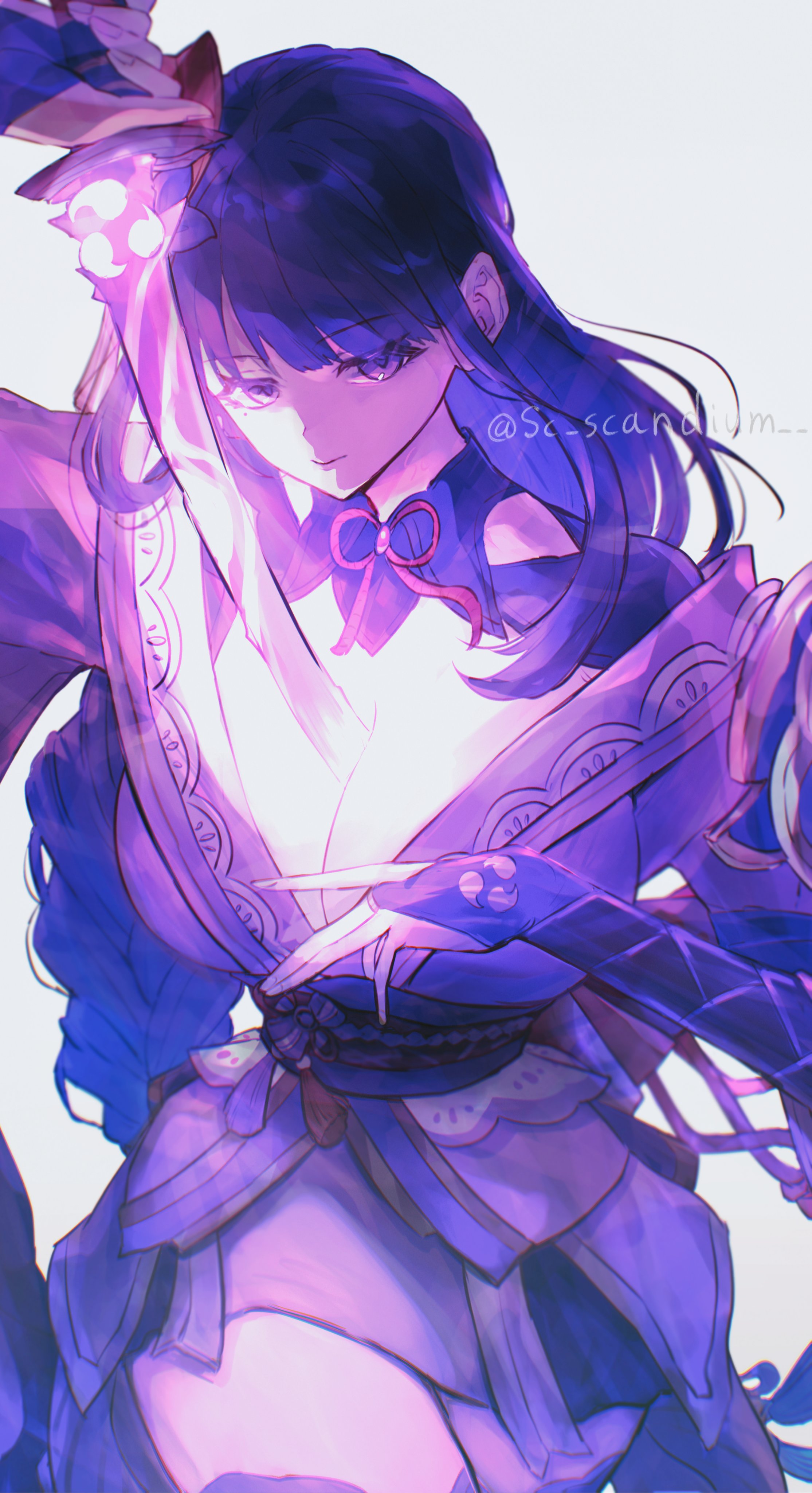 1girls, 2025, 2d, 2d (artwork), artist name, bangs, big breasts, braid, braided ponytail, breasts, bridal gauntlets, cleavage, clothed, clothing, conjuration, curvaceous, curvy, curvy female, curvy figure, female, female focus, female only, genshin impact, glowing, glowing chest, goddess, holding object, holding sword, hourglass figure, huge breasts, large breasts, light skin, light-skinned female, long hair, looking at viewer, materialization, powers, purple eyes, purple hair, questionable, raiden shogun, sc scandium, sfw, simple background, slim waist, solo, solo female, summoning, sword, thick thighs, thighs, thin waist, very long hair, weapon, white background, white hair, wide hips