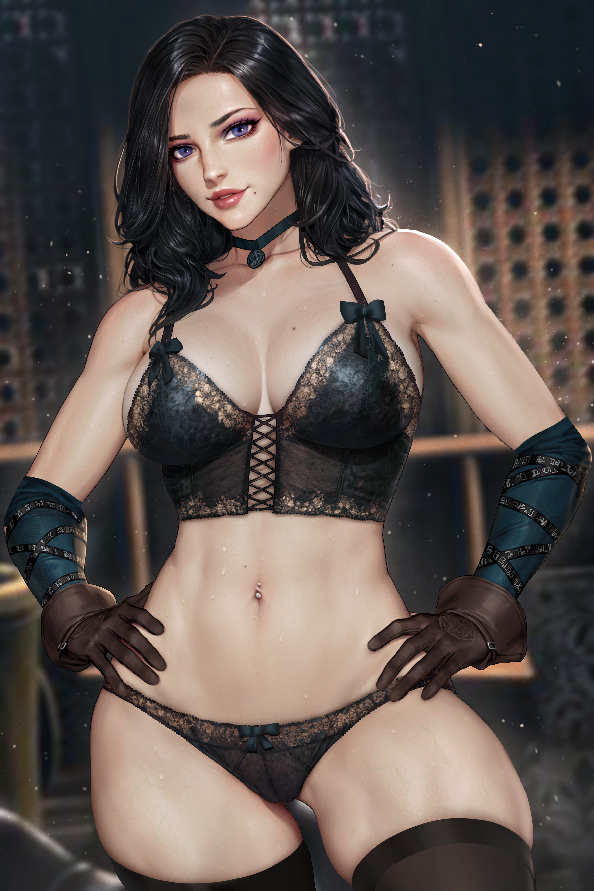 average breasts, average sized breasts, black bra, black gloves, black hair, black panties, black socks, black underwear, blurry, blurry background, bow, bow panties, bra, bra strap, breasts, brown gloves, collarbone, english commentary, female, female focus, female only, gloves, hands on own hips, highres, hips, lips, long hair, looking at viewer, mixed-language commentary, mole, mole on breast, mole under mouth, multiple moles, navel, navel piercing, necklace, neoartcore, panties, piercing, pose, posing, posing for the viewer, purple eyes, sexy, sexy body, sexy pose, shoulders, showing breasts, showing off, socks, solo, solo female, solo focus, straps, thai commentary, the witcher (series), thick thighs, thighhighs, thighs, underwear, waist, waist grab, yennefer