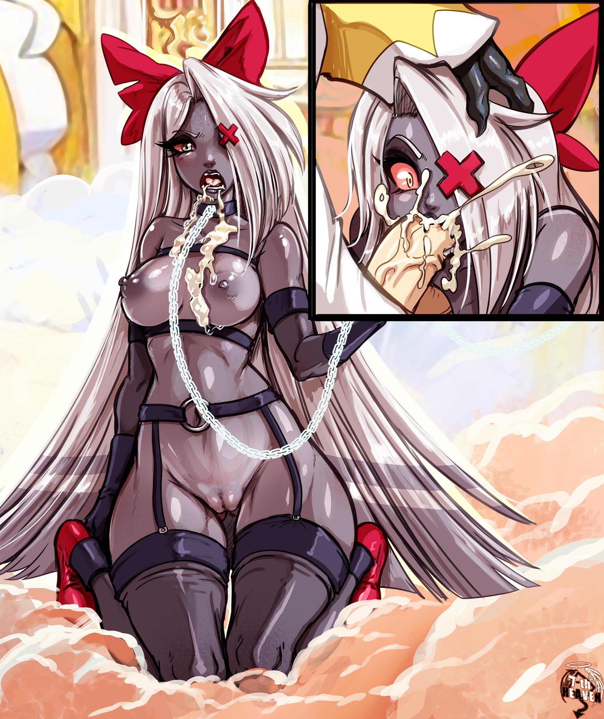 1girls, 2024, 7th-heaven, adam (hazbin hotel), angel, artist name, balls, big penis, bikini, blush, bow, breasts, cleavage, collar, cum, cum in mouth, cum inside, detailed background, erection, faceless male, fellatio, female, femsub, grey skin, hair, hair over one eye, hairbow, hazbin hotel, highres, kneeling, large breasts, leash, leash and collar, long hair, looking at viewer, male, male/female, nipples, open mouth, partially clothed, penis, public domain, pussy, sex, straight, teeth, thick thighs, tongue, vaggie (hazbin hotel), vein, veiny penis, watermark, white hair