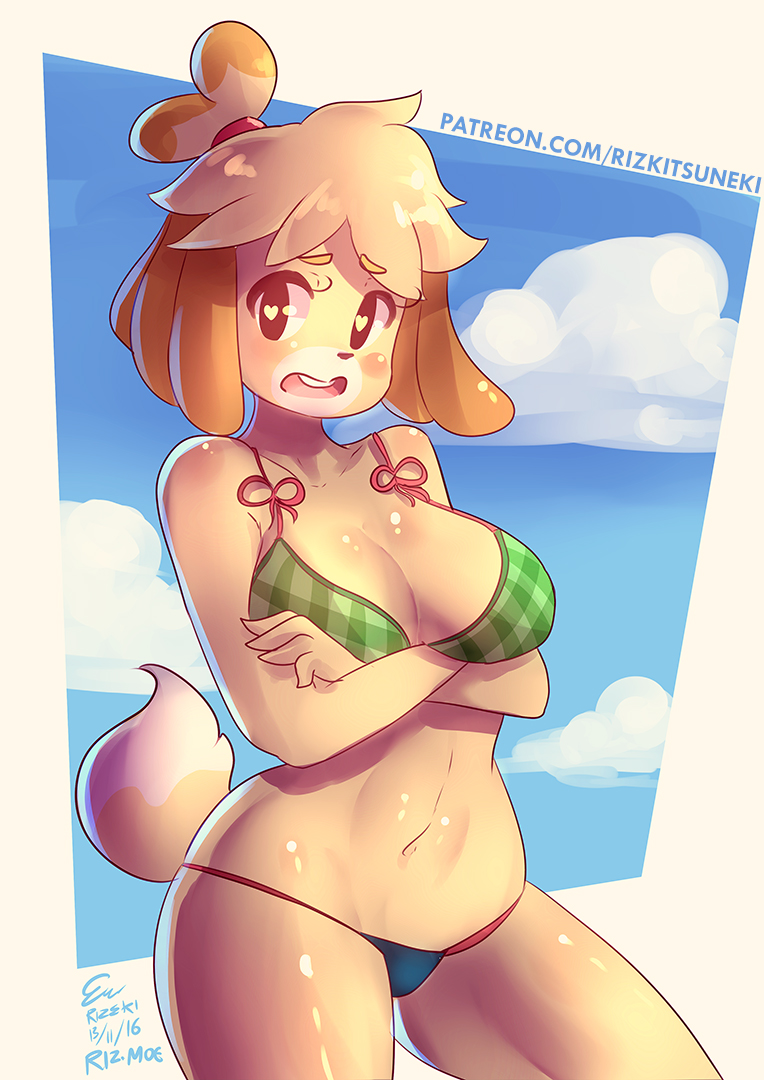2016, animal crossing, anthro, bikini, bikini bottom, bikini top, black eyes, canine, cleavage, female, furry, heart-shaped pupils, isabelle (animal crossing), miiyauwu, nintendo, rizkitsuneki, sky background, solo, thick thighs, thighs, yellow fur