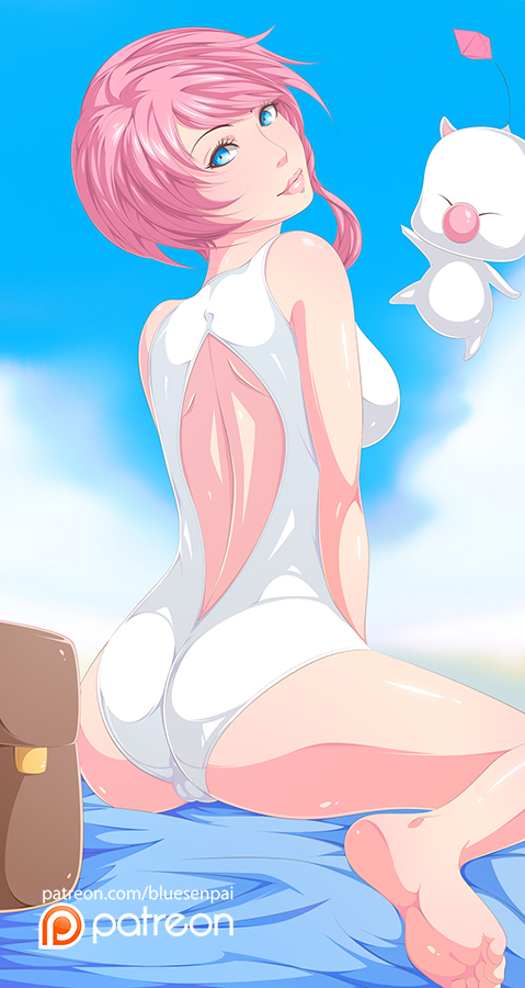 ass barefoot big_ass big_breasts blue-senpai blue_eyes breasts cameltoe feet female female_only final_fantasy final_fantasy_xiii looking_at_viewer looking_back one-piece_swimsuit pink_hair ponytail serah_farron smile soles solo swimsuit tied_hair toes