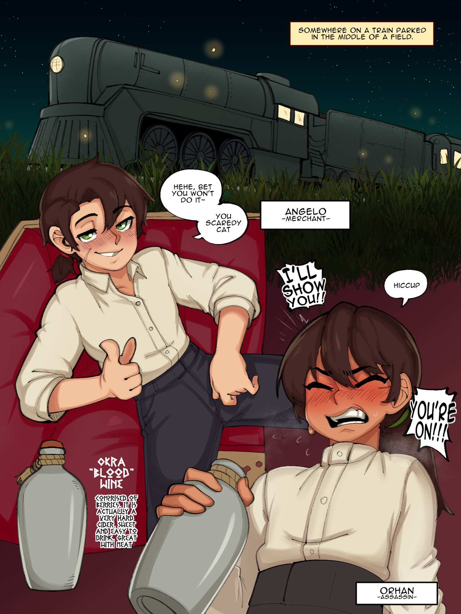 2boys, angelo (mrbooshmaster), blush, brown-skinned male, clothed, comic, dare, dark skin, drunk, femboy, feminine male, light skin, light-skinned male, male, mrbooshmaster, orhan (mrbooshmaster), original, original character, original characters, tagme