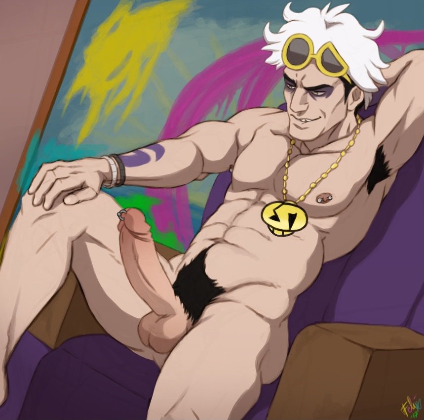 1boy adult adult_male armpit_hair artist_signature biting_lip biting_own_lip erect erect_penis erection felixfellow gold_chain gold_jewelry guzma_(pokemon) hand_behind_head hand_on_knee knee_bent looking_at_penis male male_only nude nude_male pierced_nipples pierced_penis pokemon pokemon_sm pokemon_usm pubic_hair sitting sitting_on_chair solo solo_focus solo_male sunglasses tattoo tattoo_on_arm team_skull two_tone_hair white_hair wristwear yellow_sunglasses