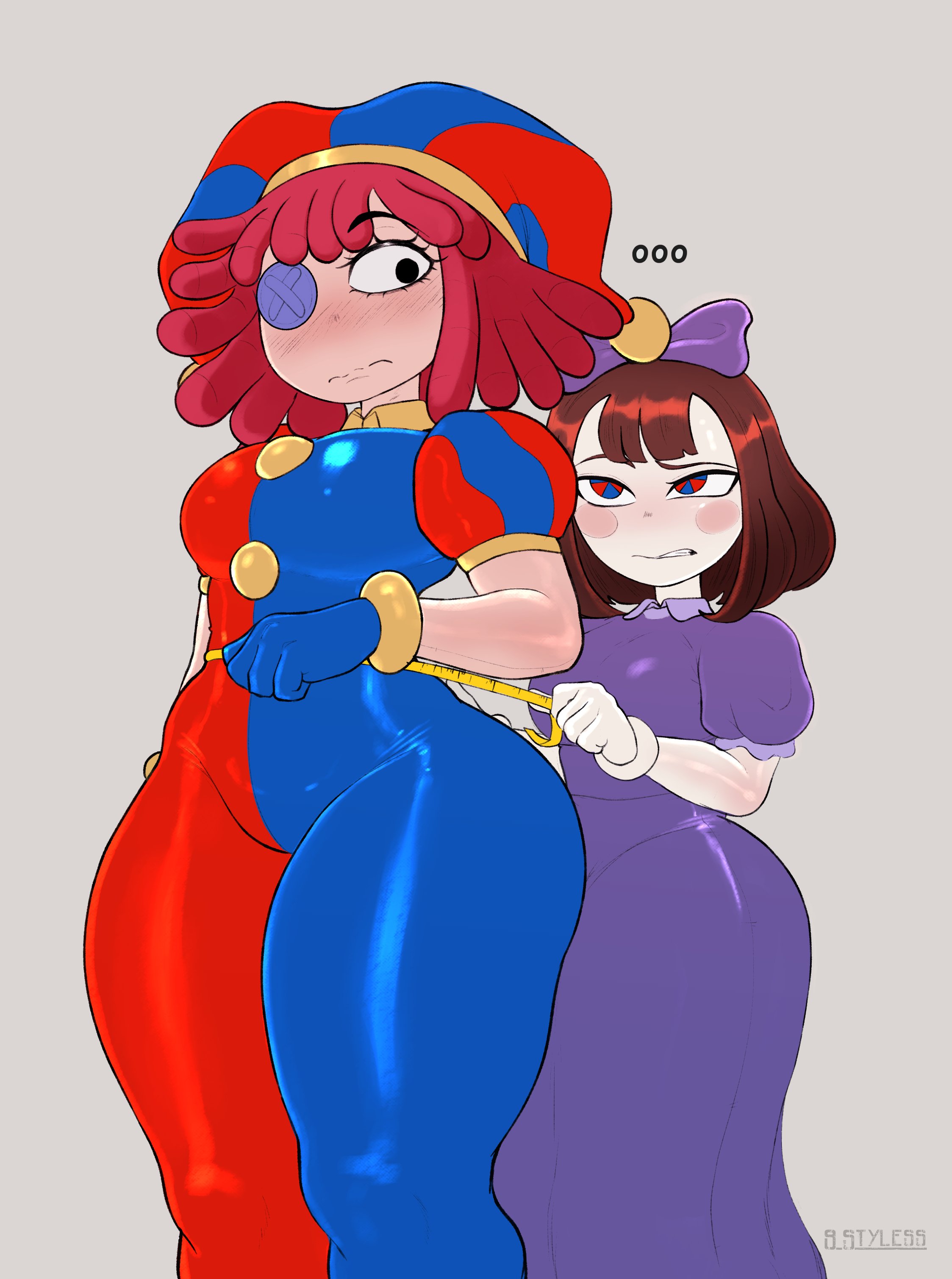 2girls, 9 styless, blush, breasts, brown hair, clothing swap, clown, clown girl, curvy, eyepatch, female, female focus, female only, glitch productions, gloves, grey background, jester, jester hat, jester outfit, pomni (the amazing digital circus), ragatha (the amazing digital circus), simple background, skirt, the amazing digital circus, thick, thick thighs, voluptuous
