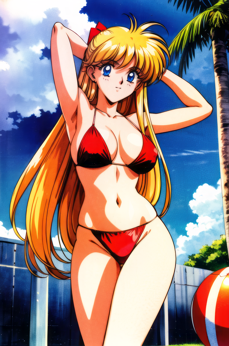 1girl ai_generated alluring bare_legs big_breasts bikini bishoujo_senshi_sailor_moon blonde_hair blue_eyes cleavage female long_hair minako_aino solo zhxuan2009