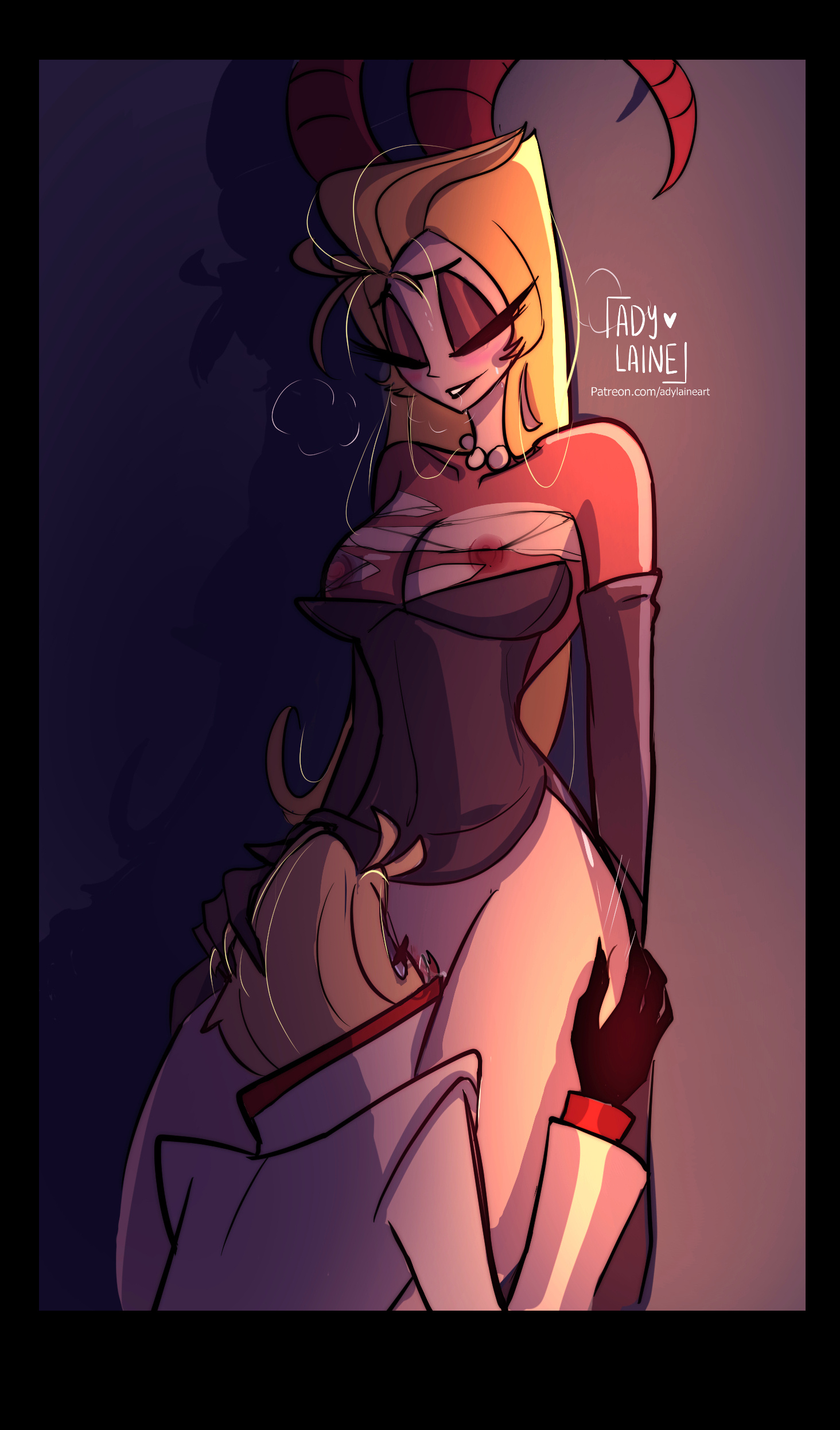 1boy, 1girls, 2demons, ady laine, big breasts, blonde hair, breasts, closed eyes, clothed, clothing, cunnilingus, demon, detailed background, duo, female, hair, hat, hazbin hotel, husband and wife, lilith morningstar (hazbin hotel), lucifer morningstar (hazbin hotel), male, male/female, mature female, milf, nipples, open mouth, open smile, oral, partially clothed, pleasure face, purple eyes, saliva, sex, smile, standing, standing sex, straight, teeth, thick thighs, tongue, tongue out