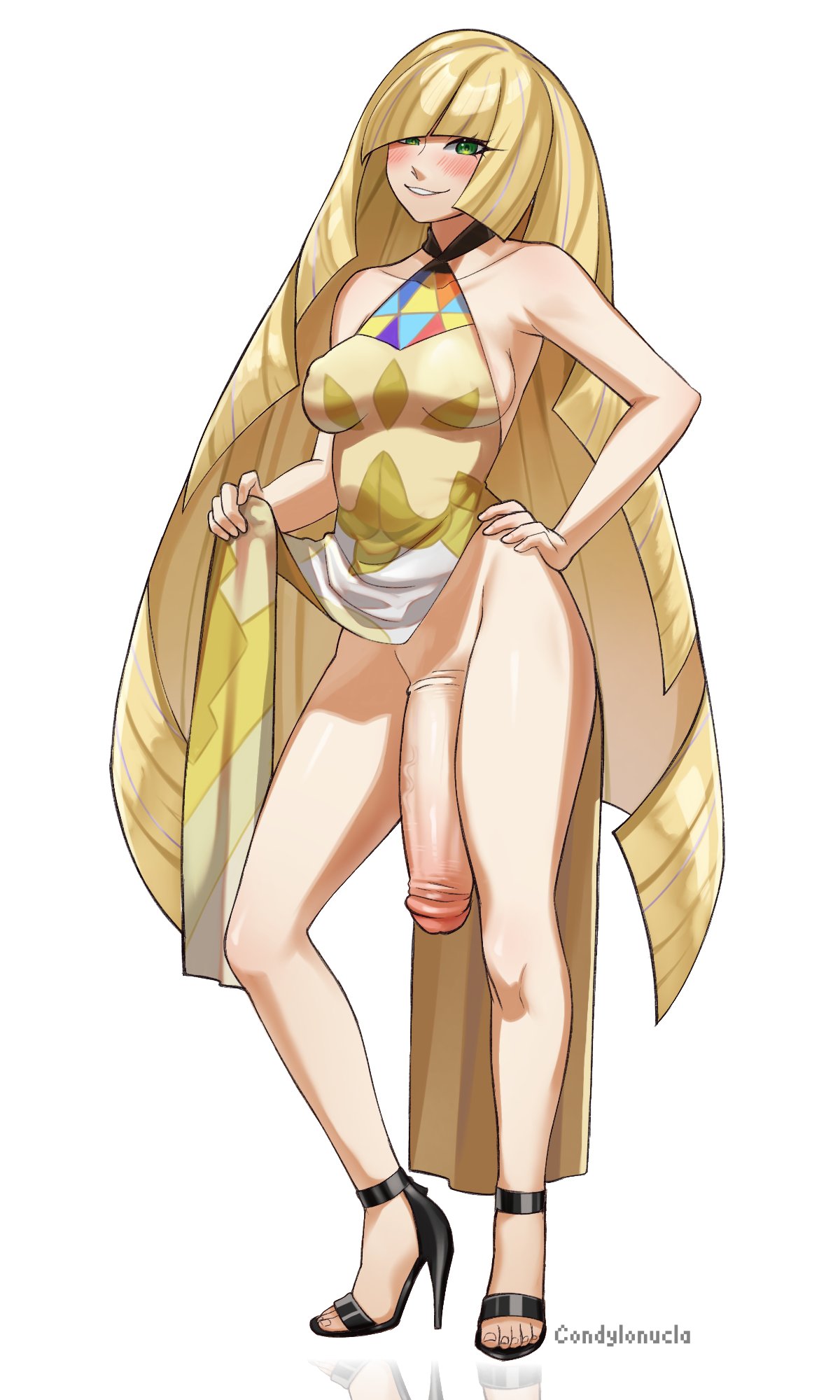 1futa alternate_version_available blonde_hair blush breasts clothing condylonucla dress dress_lift erect_penis erection exposed_penis footwear full_body futa_only futanari game_freak hair hand_on_hip heels high_heels hips legs long_hair long_penis lusamine_(pokemon) mature mature_futa medium_breasts milf mother penis_out pokemon pokemon_sm presenting_penis smile solo solo_futa sygna_suit_lusamine very_long_hair yellow_dress