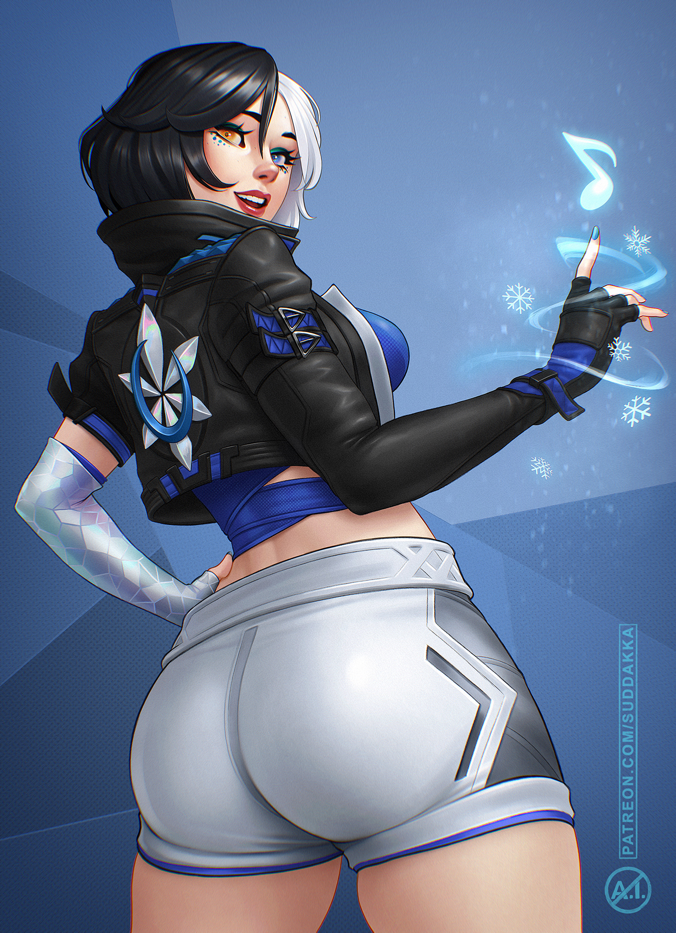 1girls, 2025, 2d, 2d (artwork), artist name, ass, ass focus, back view, big ass, big butt, blue eyes, brown eyes, butt focus, clothed female, cryokinesis, female, female only, happy, heterochromia, human, human only, light skin, light-skinned female, looking at viewer, looking back, luna snow, luna snow (marvel rivals), marvel, marvel comics, marvel rivals, midriff, paag, patreon, patreon username, powers, questionable, sfw, smile, smiling at viewer, suddakka, superheroine, thick thighs