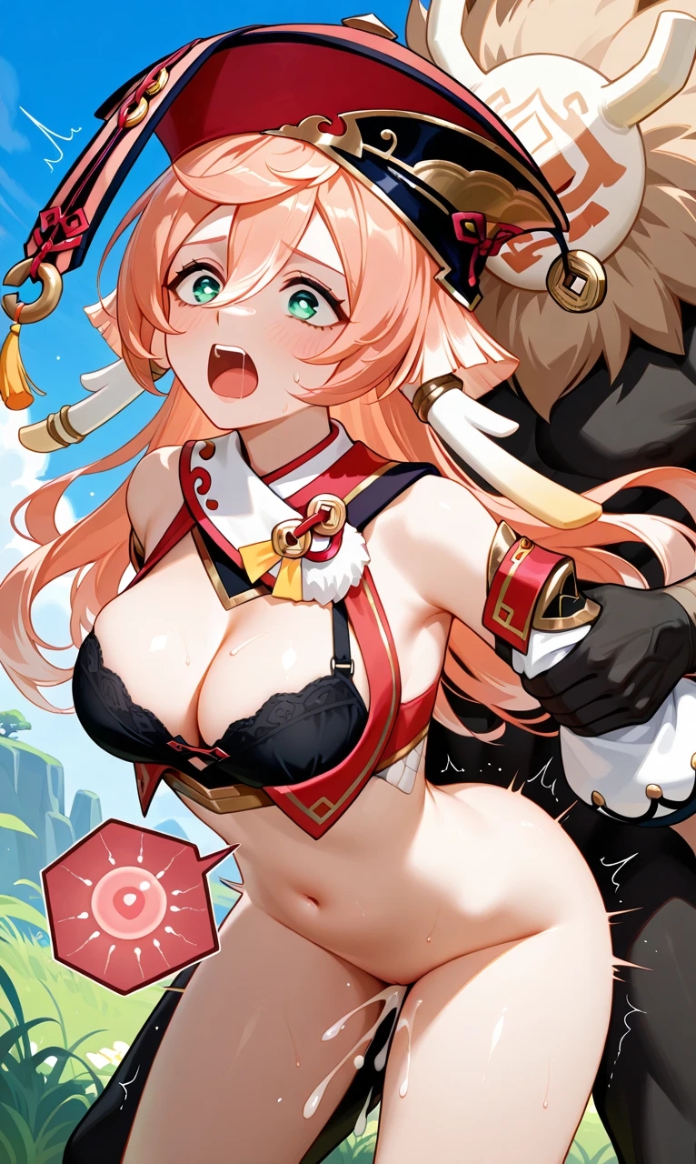 ai generated, breasts, cum, cum in pussy, cum inside, dark-skinned male, duo, female, genshin impact, grabbing arms, hilichurls (species), imminent impregnation, liyue girls, male, no underwear, pussy, raped, raped by monster, sex, yanfei (genshin impact)