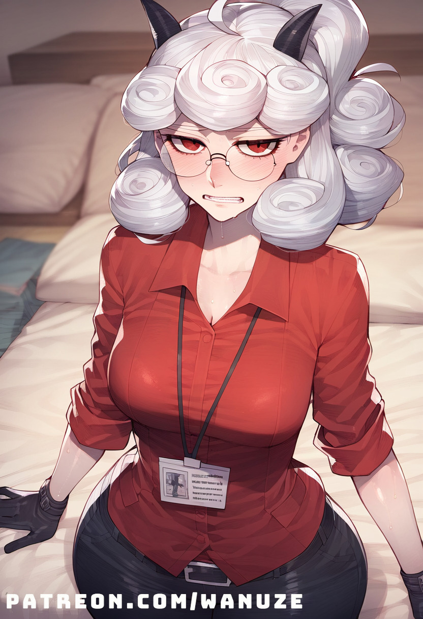 ai_generated big_breasts big_thighs black_pants blush demon_girl demon_horns demon_tail glasses helltaker horn pandemonica_(helltaker) red_eyes red_shirt sad wanuze white_hair wide_hips