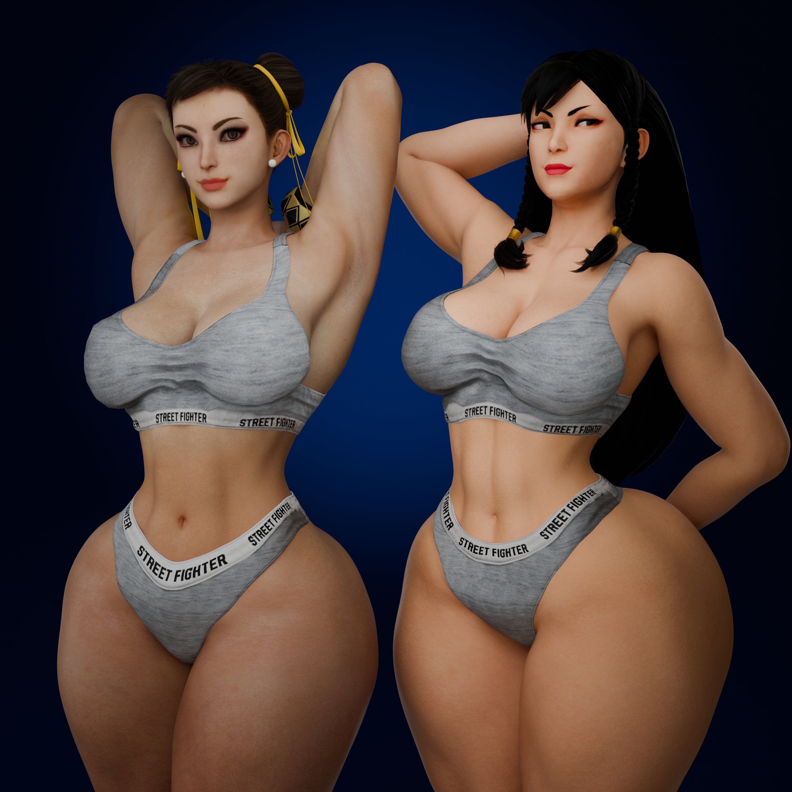 2girls, 3d, absurd res, alternate hairstyle, asian, asian female, ass, big breasts, bra, breasts, brown hair, cameltoe, capcom, chun-li, chun-li (battle ouffit sfv), chun-li (street fighter 6), cpt-flapjack, curvaceous, erect nipples, female, female focus, female only, hard nipples, lieutenant flapjack, long hair, muscular, muscular arms, muscular female, nipples, panties, pussy, solo, solo female, solo focus, sportswear, street fighter, street fighter 6, street fighter v, thick thighs, thighs, wide hips