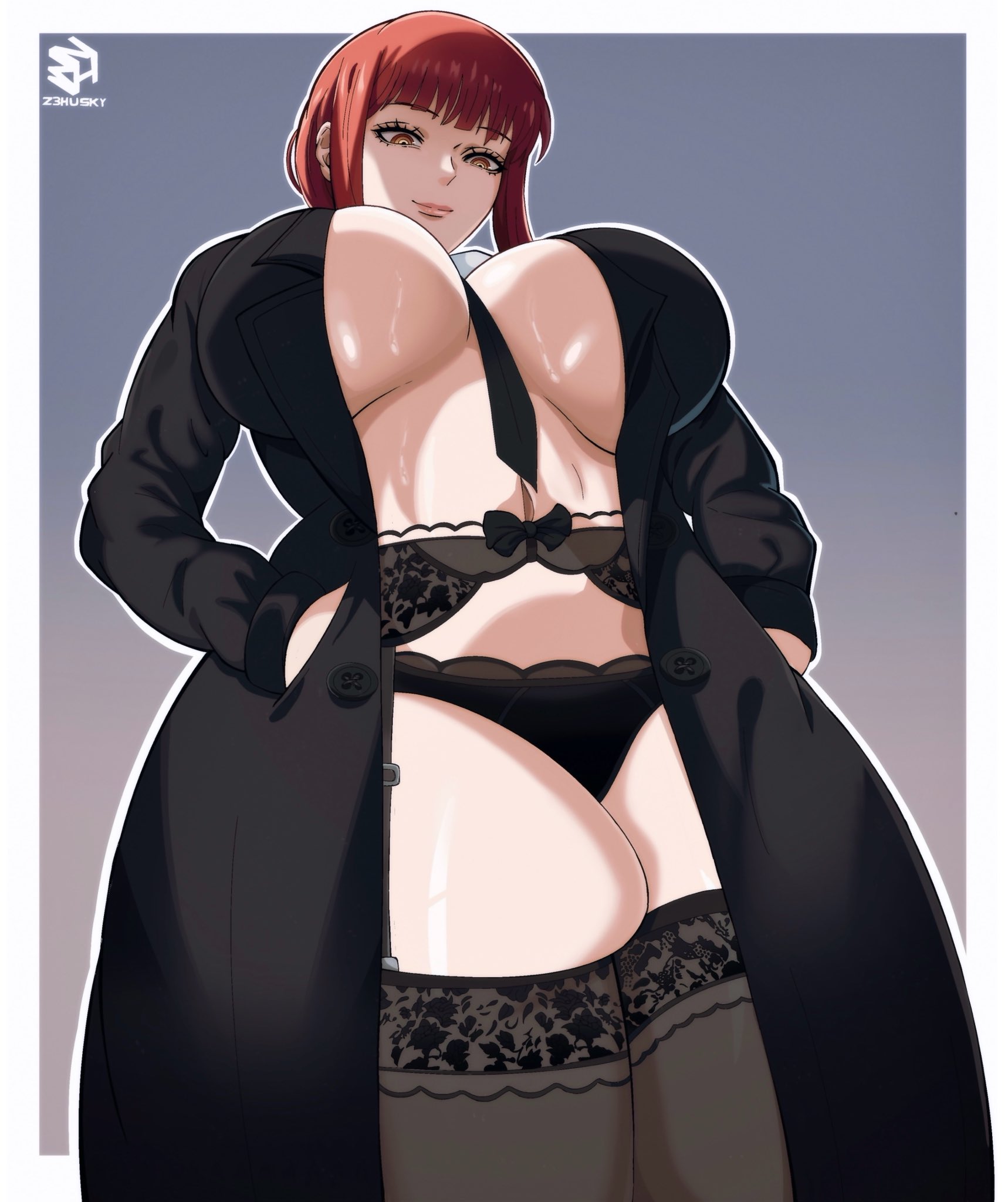 1girls, 2d, 2d (artwork), ai generated, anime, big breasts, breasts, chainsaw man, clothed, clothed female, coat, female, female focus, female only, light skin, light-skinned male, lingerie, makima (chainsaw man), male, manga, red hair, red-haired female, redhead female, solo, solo female, solo focus, thick thighs, thighhighs, thighs, z3husky