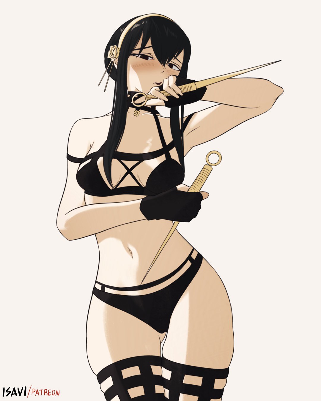 barely_clothed black_hair black_panties blush brown_eyes embarrassed hair_ornament isavi looking_at_viewer looking_embarrased panties partially_clothed petite shadow shadows spy_x_family thick_thighs thighhighs weapon yor_briar