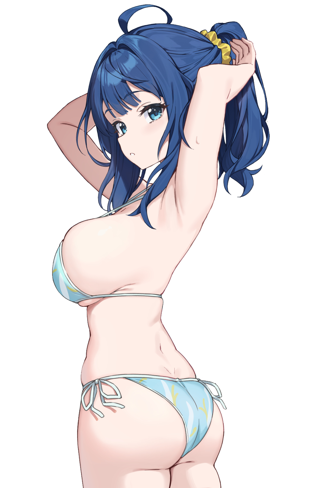 1girls alternate_hairstyle armpits arms_behind_head ass big_ass big_breasts bikini blue_bikini blue_eyes blue_hair breasts busty highres large_breasts legs looking_at_viewer looking_back make_heroine_ga_oo_sugiru! medium_hair parted_lips ponytail pose posing seductive seductive_look sensual sexy_armpits side-tie_bikini_bottom sideboob solo swimsuit thick_thighs thighs voluptuous yanami_anna yuxian_youka