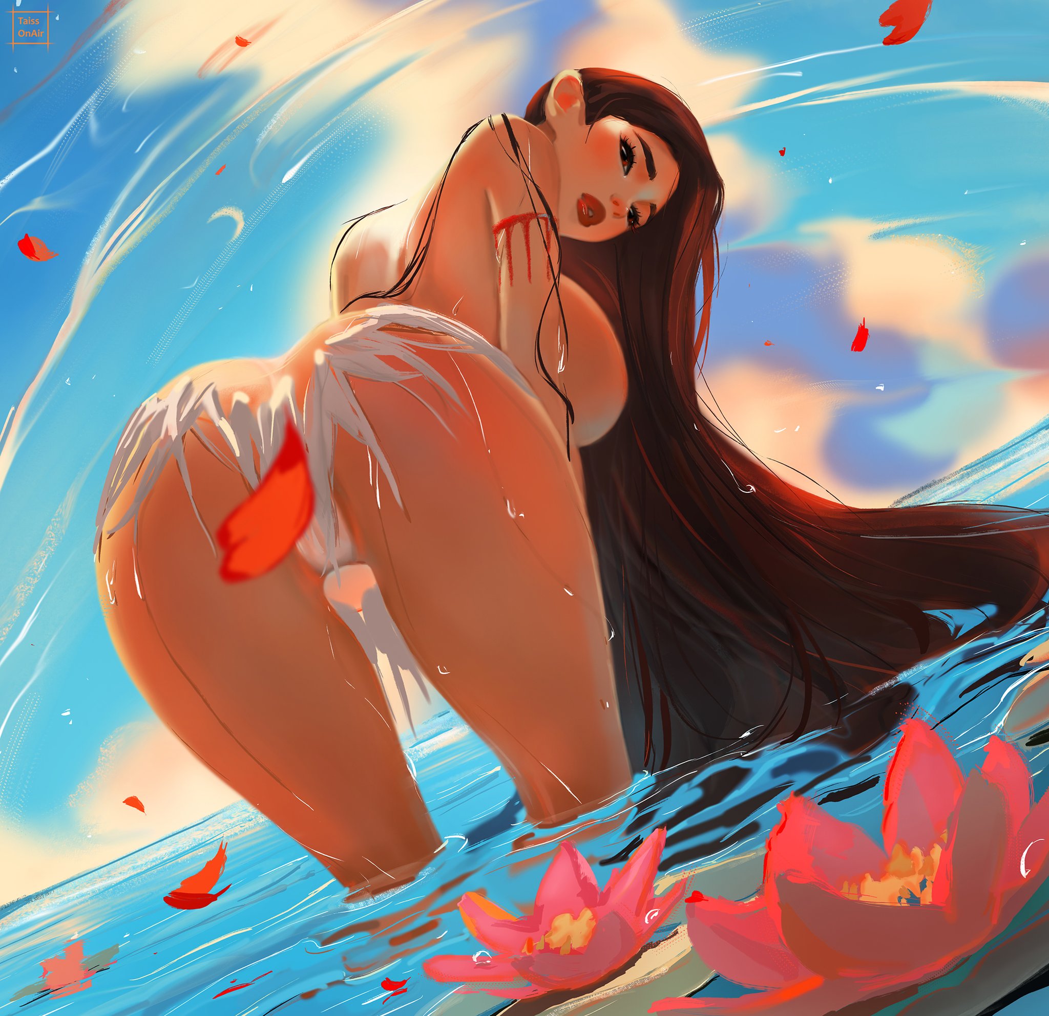 1girls, aaa, bent over, big ass, big breasts, breasts, dark skin, dark-skinned female, disney, female, female only, huge breasts, human, human only, native american, native american female, not furry, pocahontas, pocahontas (character), solo, taissonair
