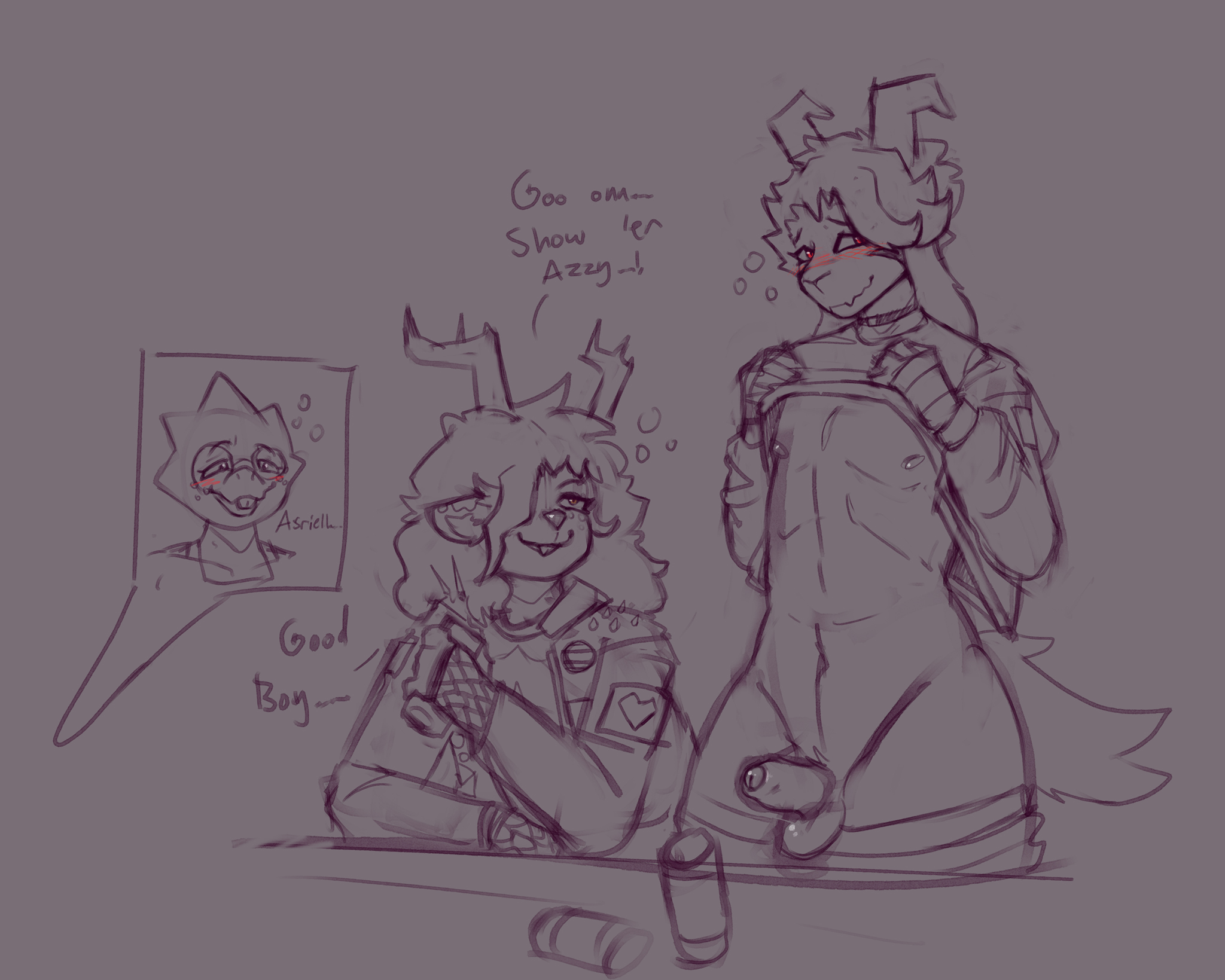 1boy, 2girls, alphys, alphys (deltarune), arino, asriel dreemurr, black and white, deltarune, dess holiday, female, femboy, little penis, male, penis, tagme, trans woman, transfem, undertale (series)