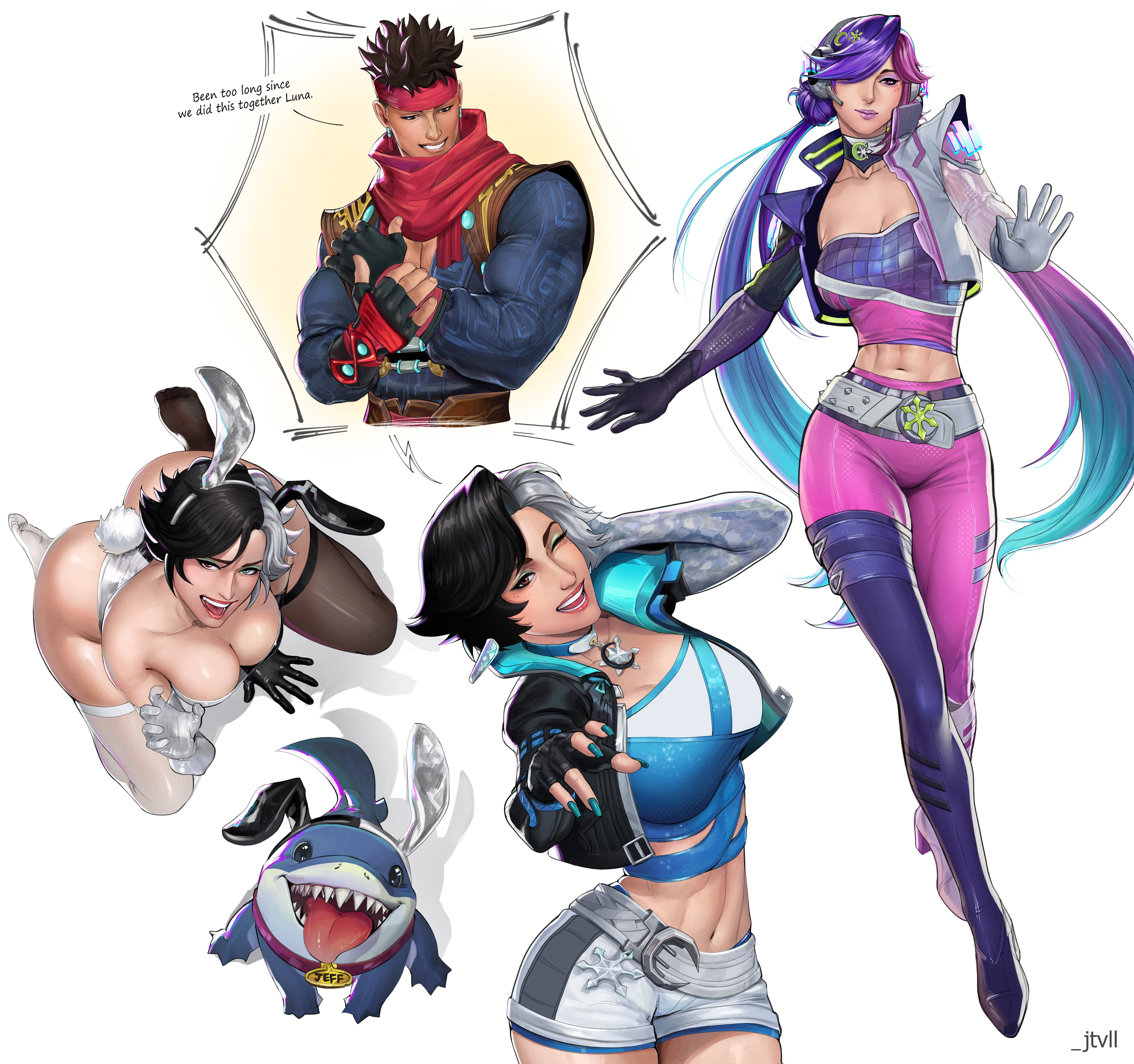 1boy, 1girls, abs, big breasts, breasts, bunny ears, bunnysuit, chinese male, chinese male korean female, cleavage, cute, female, female focus, iron fist, iron fist (marvel rivals), iron fist (sword master), jeff the land shark, jtvll, korean female, lin lie, luna snow, luna snow (marvel rivals), luna snow (mirae 2099), male, marvel, marvel comics, marvel rivals, midriff, navel, smile, thick thighs, wholesome, wink