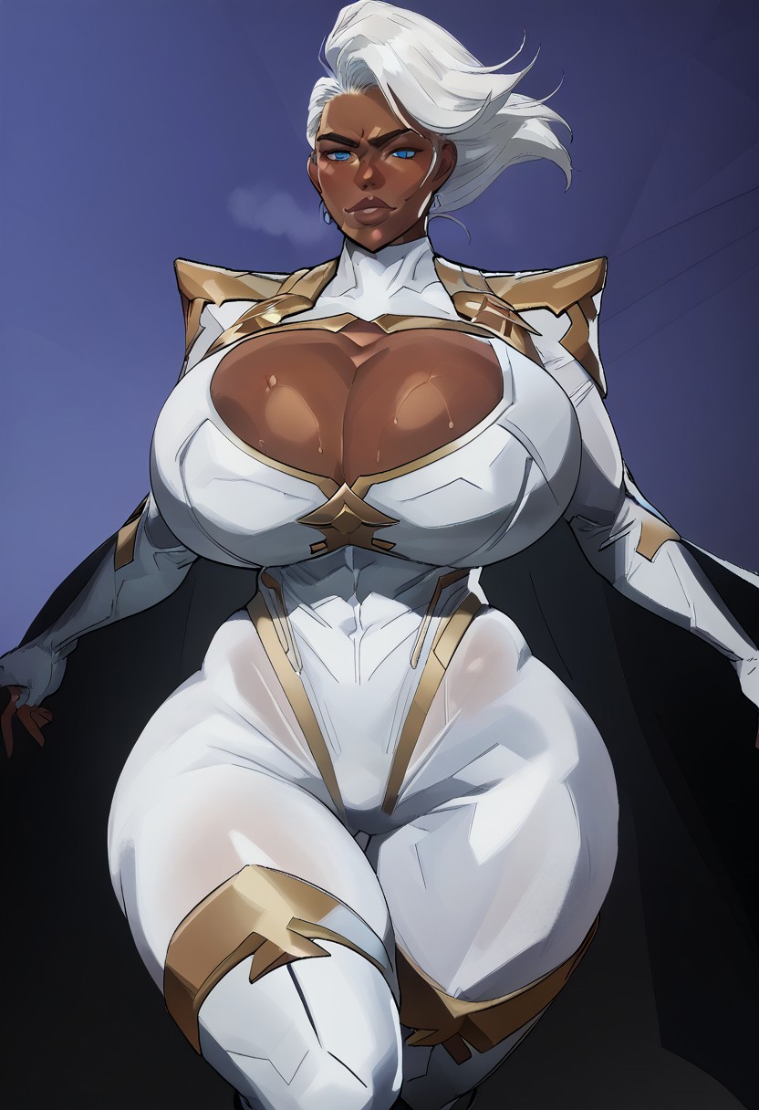 1girls, african female, ai generated, big breasts, big thighs, black cape, blue eyes, bodysuit, breasts, busty, cape, cleavage, cleavage cutout, dark skin, dark-skinned female, female, huge breasts, huge thighs, hyper hourglass, marvel, marvel comics, marvel rivals, massive breasts, onasame (artist), small head, solo, storm (ivory breeze), storm (marvel rivals), storm (x-men), superheroine, sweat, thick, thick thighs, thigh gap, thigh strap, thighs, white hair, wide hips