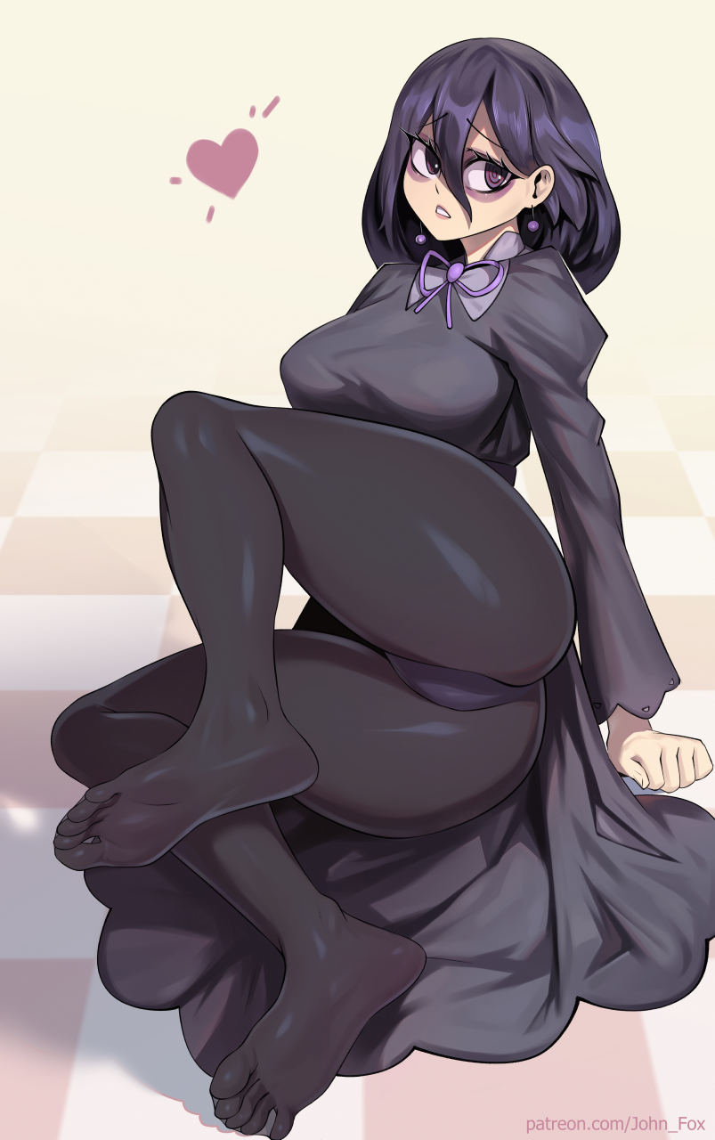 black_eyes black_hair black_pantyhose dress feet female hex_maniac_(pokemon) highres john_fox long_hair looking_at_viewer panties panties_under_pantyhose pantyhose pantyshot parted_lips pokemon pokemon_legends:_z-a purple_eyes soles toes underwear