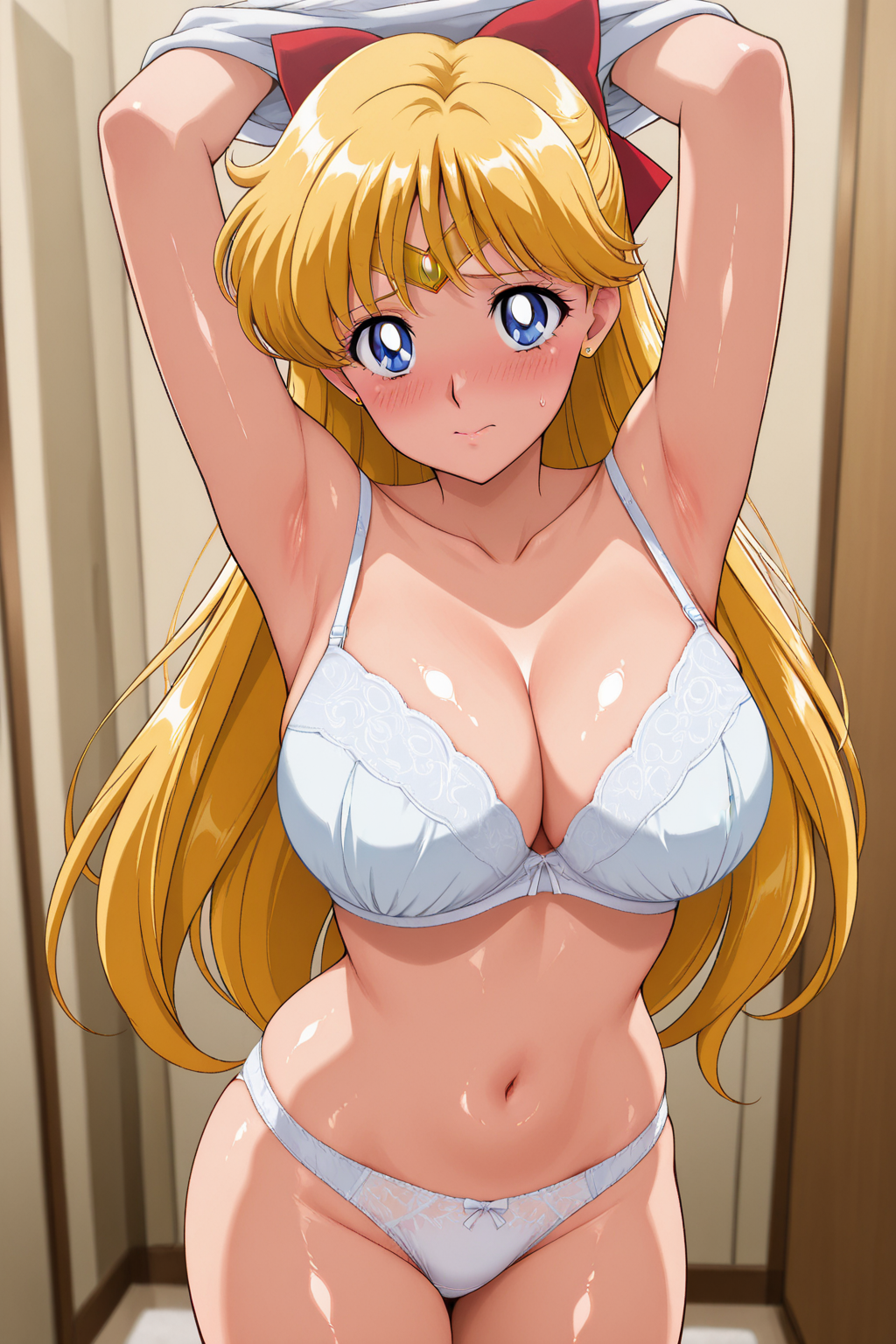 1girls ai_generated alluring big_breasts bishoujo_senshi_sailor_moon blonde_hair blue_eyes blush bra cleavage female minako_aino panties shirt_off shirt_up solo underwear undressing yoshi_(artist)