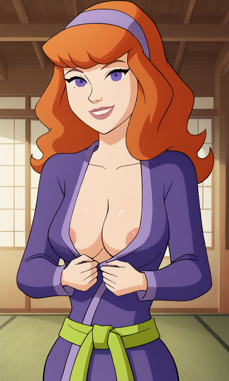 ai_generated areola_slip ass bigmic145 breasts cartoon_network cleavage daphne_blake daphne_blake_(mystery_incorporated) dougi karate martial_arts red_hair scooby-doo scooby-doo!_mystery_incorporated stripping tease