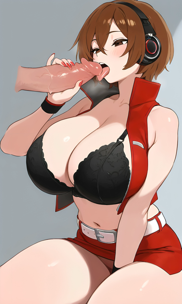 5_fingers ai_generated bangs before_oral belt black_bra blush bra brown_eyes brown_hair busty clothed curvy female headphones kneeling large_breasts large_penis licking_lips meiko meiko_(vocaloid) pixai red_nails red_skirt red_vest short_hair skirt thick_thighs tongue tongue_out vest vocaloid white_belt