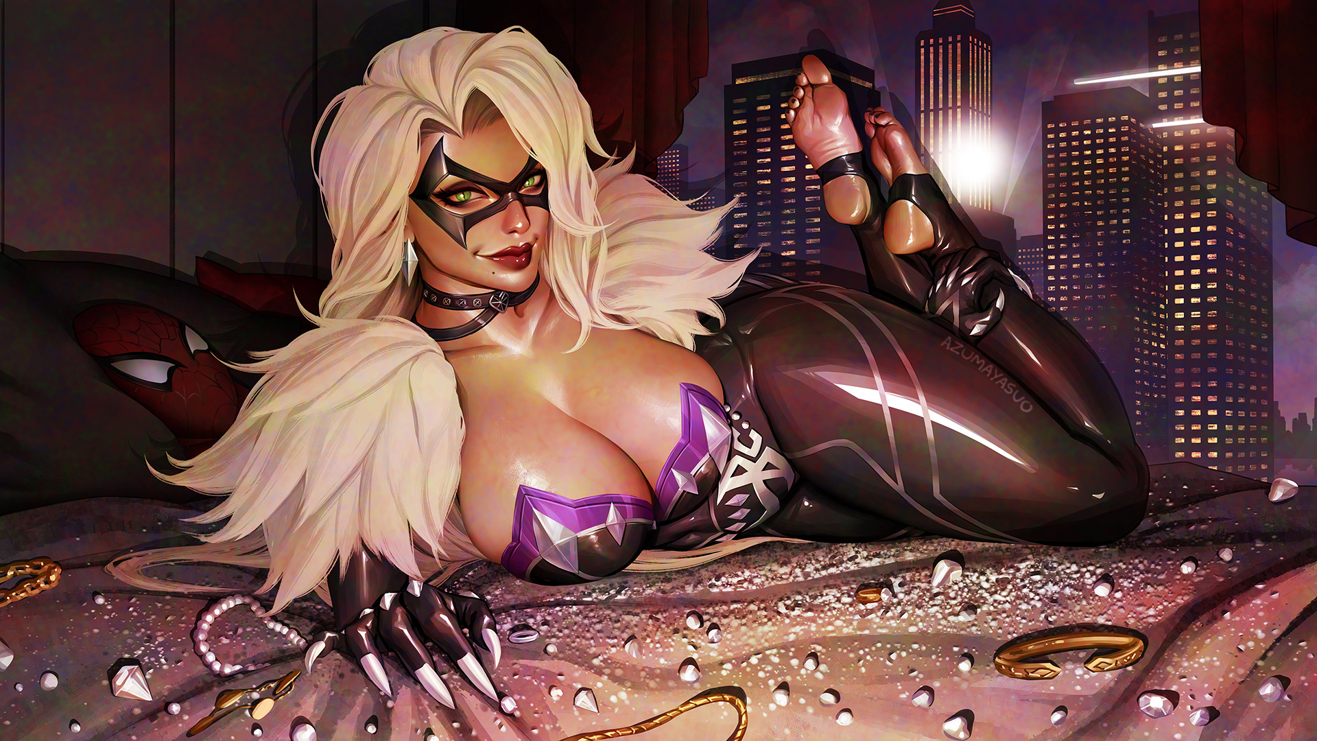1girls, 2026, 2d, ass, azuma yasuo, azumaarts, big ass, big breasts, black cat (marvel rivals), black cat (marvel), bodysuit, breasts, felicia hardy, female, female only, marvel, marvel comics, marvel rivals, shiny, shiny clothes, skin tight, solo, spider-man (series), spider-man mask, stirrup legwear, thick thighs, tight clothes, tight clothing