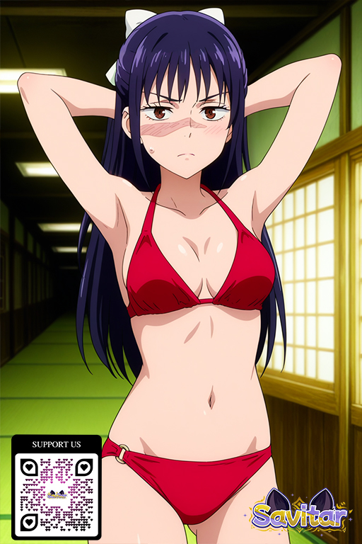 ai_generated armpits arms_behind_head arms_up bangs bikini black_hair blue_hair blush bow breasts brown_eyes character_name cleavage closed_mouth clothing copyright_name cowboy_shot female female hair_ornament hair_ribbon hairbow indoors large_breasts littlehentai long_hair looking_at_viewer medium_breasts navel o-ring ponytail purple_hair red_bikini red_swimsuit ribbon savitar savitar_(artist) scar scar_on_face solo standing sweat sweatdrop swimsuit tied_hair