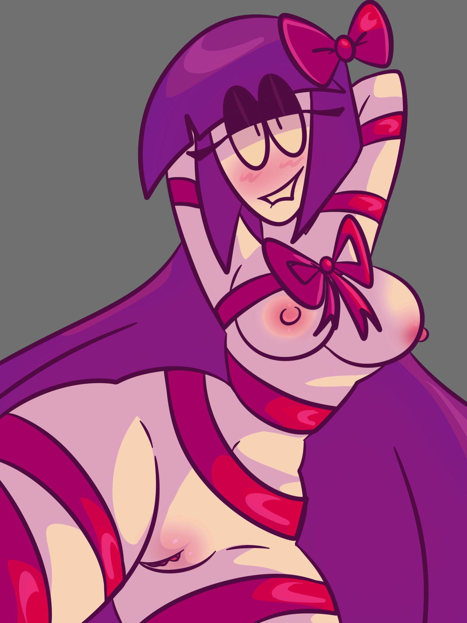 biting lip, bowtie, breasts, eyes, female, female focus, female only, light skin, light-skinned female, lila (spooky month), looking at viewer, naked, naked female, nipples, pale skin, pale-skinned female, purple hair, pussy, shador94, spooky month, sr pelo, vagina