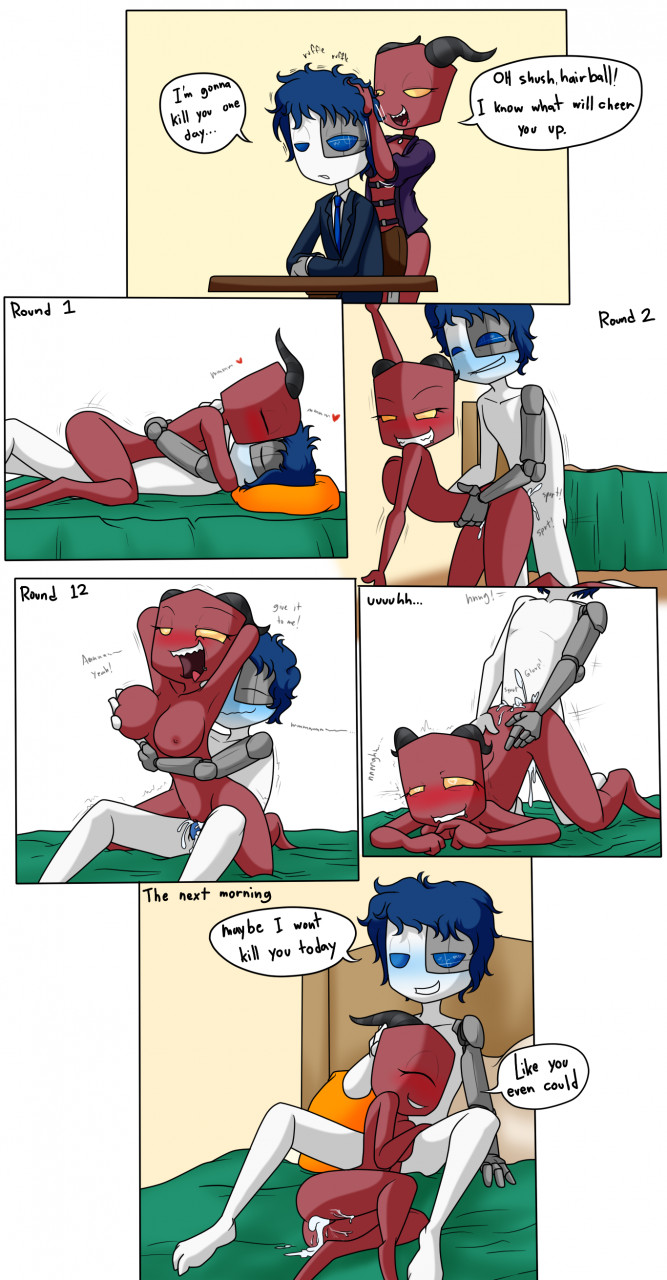 1boy 1boy1girl after_sex afterglow alien_boy alien_girl bed biting_finger blue_eyes blue_hair blush bratty bratty_correction breast_squeeze breast_squish chad_(gpleader) comic cowgirl_position cuddling cum cum_in_pussy cum_inside cybernetic_eye cybernetics doggy_style excessive_cum female groping_breasts horns invader_zim irken kissing leaking_cum marathon_sex naked nude pinned_to_wall prosthetic_arm reverse_cowgirl_position reverse_missionary_position sandwich-anomaly smirking tongue_out vortian woman_on_top yellow_eyes