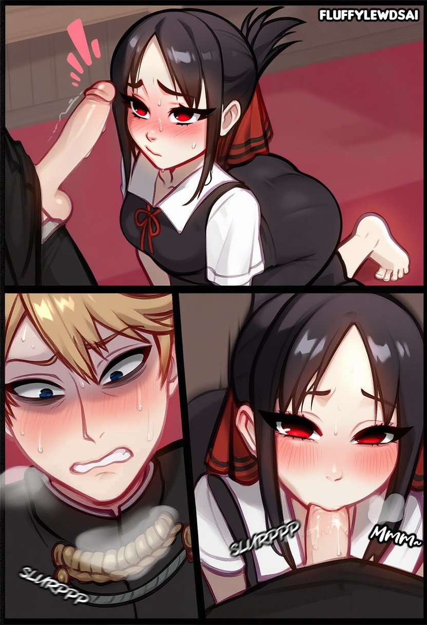 1boy 1girls ai_generated blowjob blush female fluffylewdsai kaguya-sama_wa_kokurasetai_~tensai-tachi_no_renai_zunousen~ light-skinned_female light_skin looking_at_another oral oral_sex penis shinomiya_kaguya