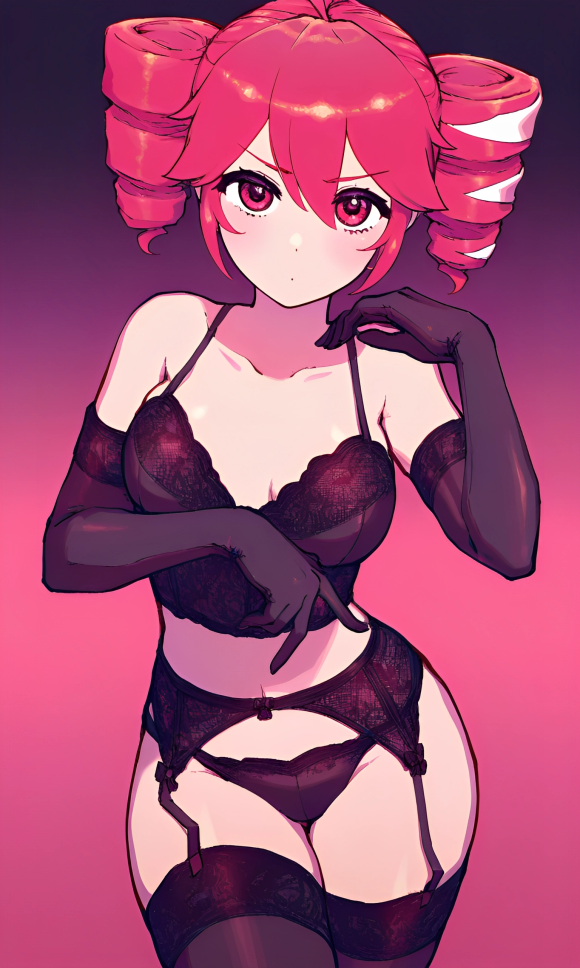 ai_generated black_bra black_gloves black_lingerie black_panties black_thighhighs blush bra clothed drill_hair elbow_gloves highlights_hairs kasane_teto lingerie looking_at_viewer panties pixai red_eyes red_hair synthesizer_v thighhighs utau