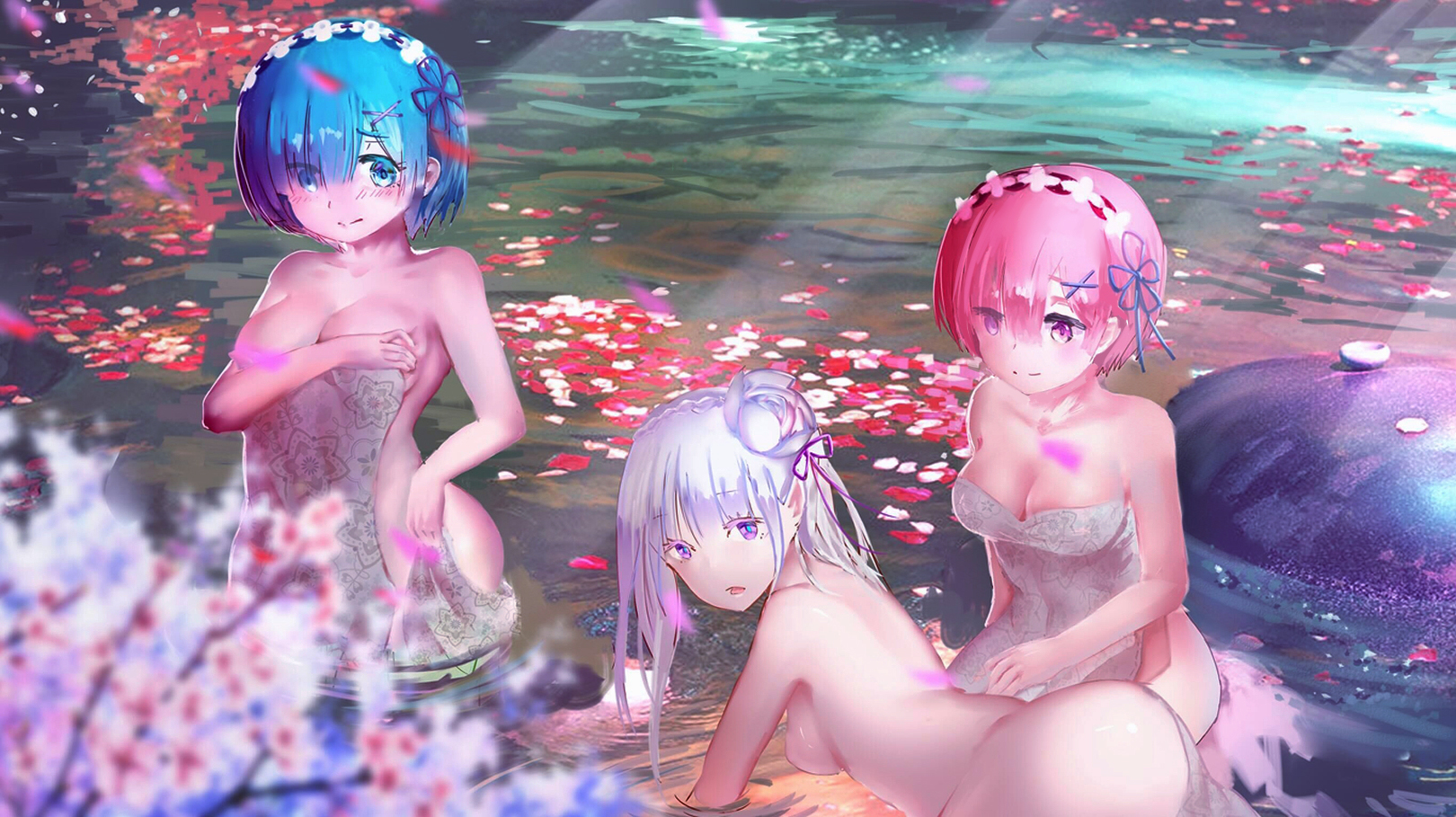 3girls, ass, bathing, blue hair, blush, breasts, cherry blossoms, cleavage, covering, emilia (re:zero), female, highres, multiple females, multiple girls, nude, onsen, pink hair, ram (re:zero), re:zero kara hajimeru isekai seikatsu, rem (re:zero), sunlight, towel, water
