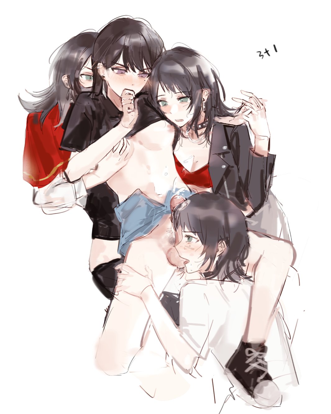 4girls age_difference bang_dream! bang_dream!_it's_mygo!!!!! black_choker black_hair black_jacket black_mask black_shirt blush breasts capelet choker cleavage clothes_lift cum cum_on_body cum_on_breasts earclip earrings ejaculation feiyu30903448 fellatio futa_with_female futanari groping highres interlocked_fingers jacket jewelry long_hair mask medium_breasts medium_hair mole mole_under_eye mouth_mask multiple_girls multiple_persona nipples onee-loli open_clothes open_jacket open_mouth oral penis purple_eyes red_capelet red_shirt shiina_taki shirt shirt_lift short_hair short_sleeves simple_background single_earring timoris_(bang_dream!) white_background white_shirt yahata_umiri