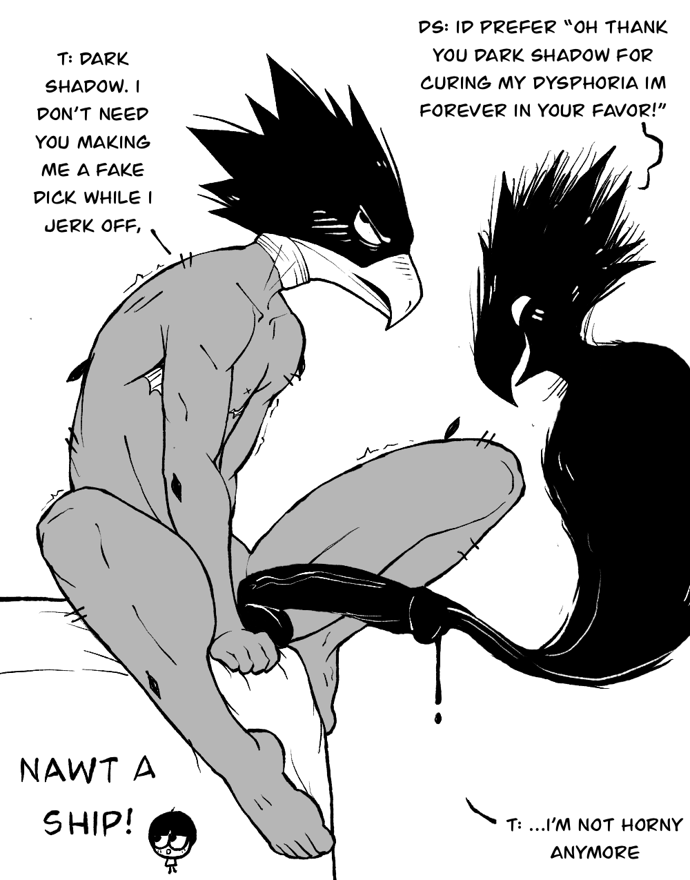 1female 1male animal_head anthro artist_self-insert avian avian_humanoid beak big_penis bird black_and_white black_body blush blush blush_lines boku_no_hero_academia comic_panel cuntboy dark-skinned_male dark_shadow dark_skin dialogue english_text fake_penis feathers fumikage_tokoyami guyfromliyue(artist) intersex large_penis mastectomy_scar monochrome my_hero_academia panel text tokoyami_fumikage