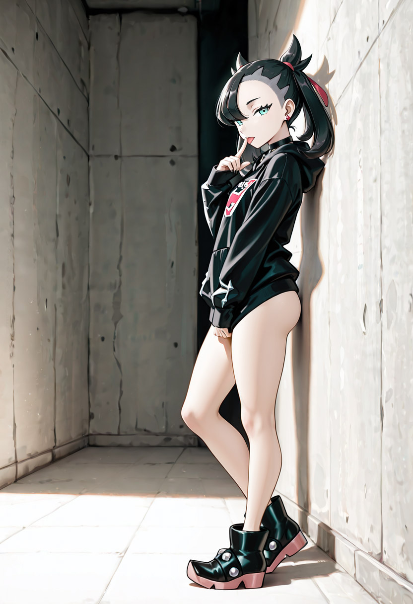 1girls, ai generated, ass, bottomless, covering crotch, female, from side, licking finger, looking at viewer, marnie (pokemon), nova furry xl, pokemon, pokemon trainer, solo, sq7
