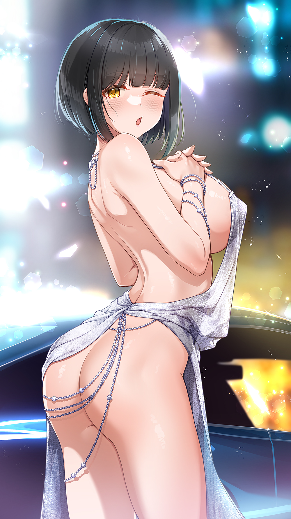 ;o alternate_costume ass black_car black_hair blush bracelet breasts car commentary_request cosplay covered_erect_nipples dress evening_gown female hands_on_own_chest highres idolmaster idolmaster_cinderella_girls interlocked_fingers jewelry large_breasts looking_at_viewer looking_to_the_side mk_(mod0) motor_vehicle no_panties one_eye_closed own_hands_together revealing_clothes short_hair sideboob solo st._louis_(azur_lane) st._louis_(azur_lane)_(cosplay) st._louis_(luxurious_wheels)_(azur_lane) takafuji_kako yellow_eyes