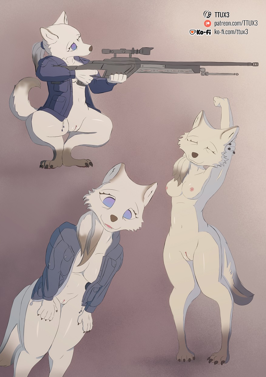 anthro anthro_only blue_eyes bottomless bottomless_female canid canine canis clothed clothing female genitals gun hi_res jacket mammal minh_(ttux3) pussy ranged_weapon rifle sniper_rifle solo topwear topwear_only ttux3 weapon white_fure wolf